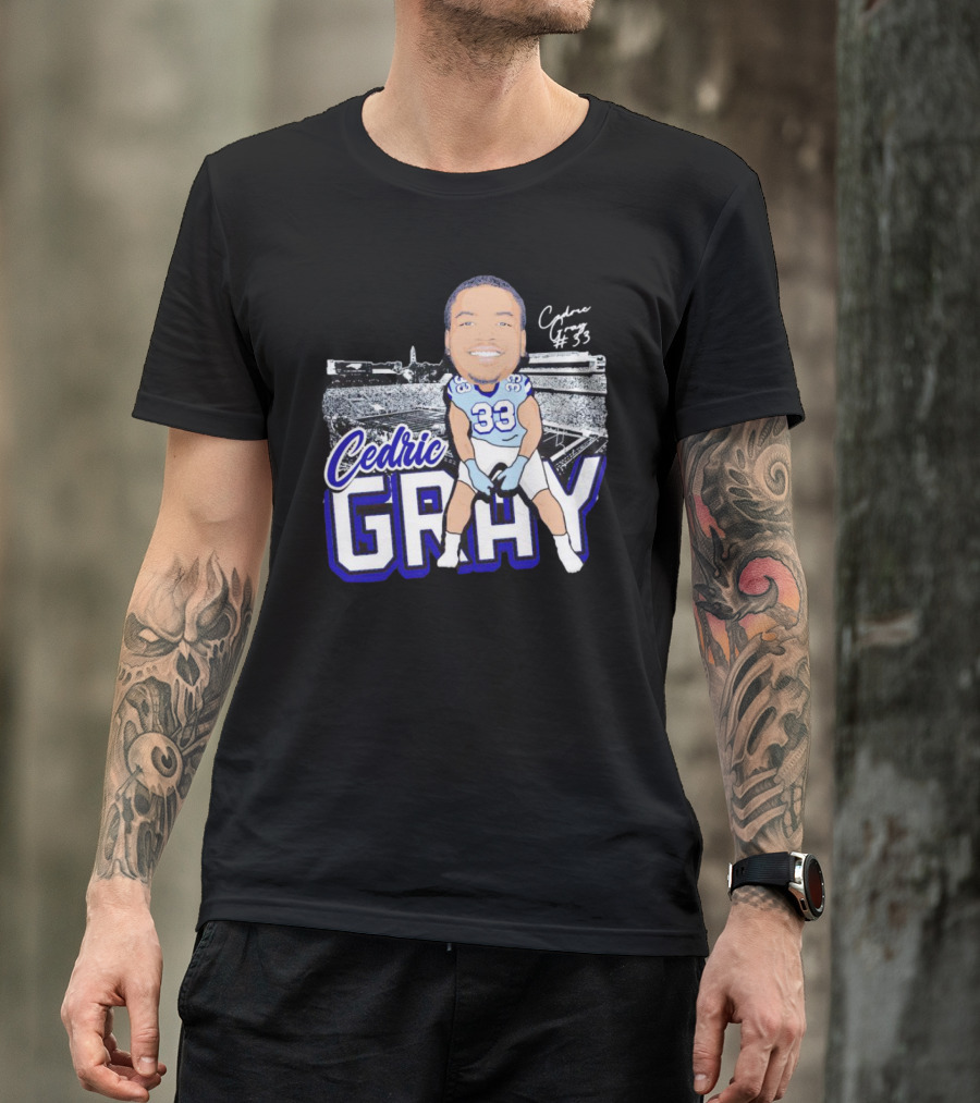 Cedric Gray #33 Caricature Football Stadium Signature T-Shirt