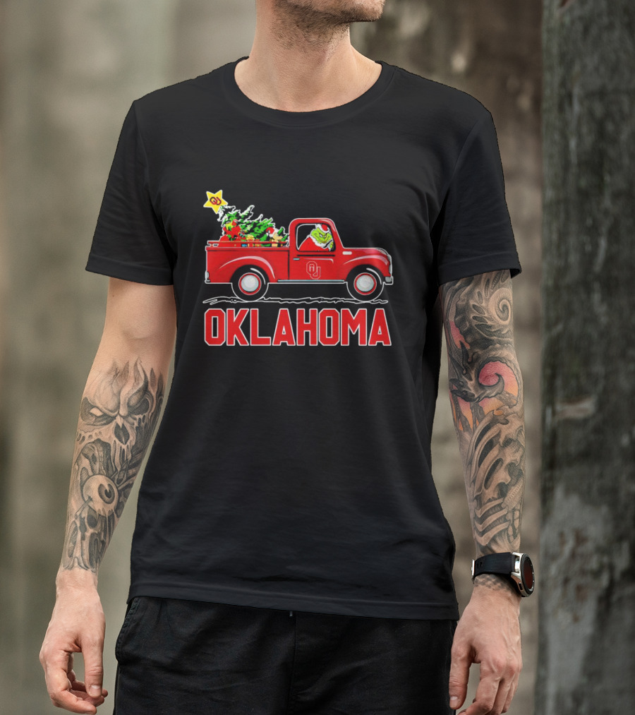 Grinch Driving Red Truck With Christmas Tree And Oklahoma Sooners T-Shirt