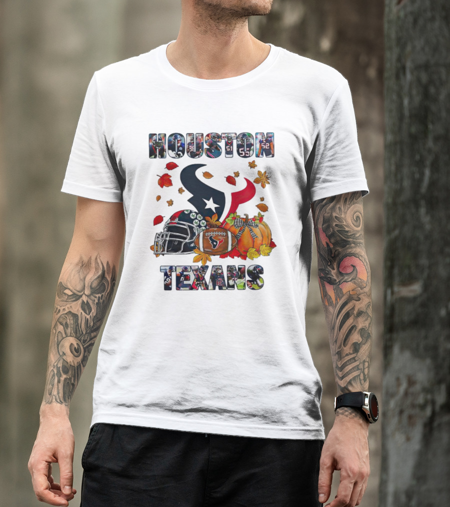 Houston Texans Football Helmet Pumpkin Autumn Leaves T-Shirt