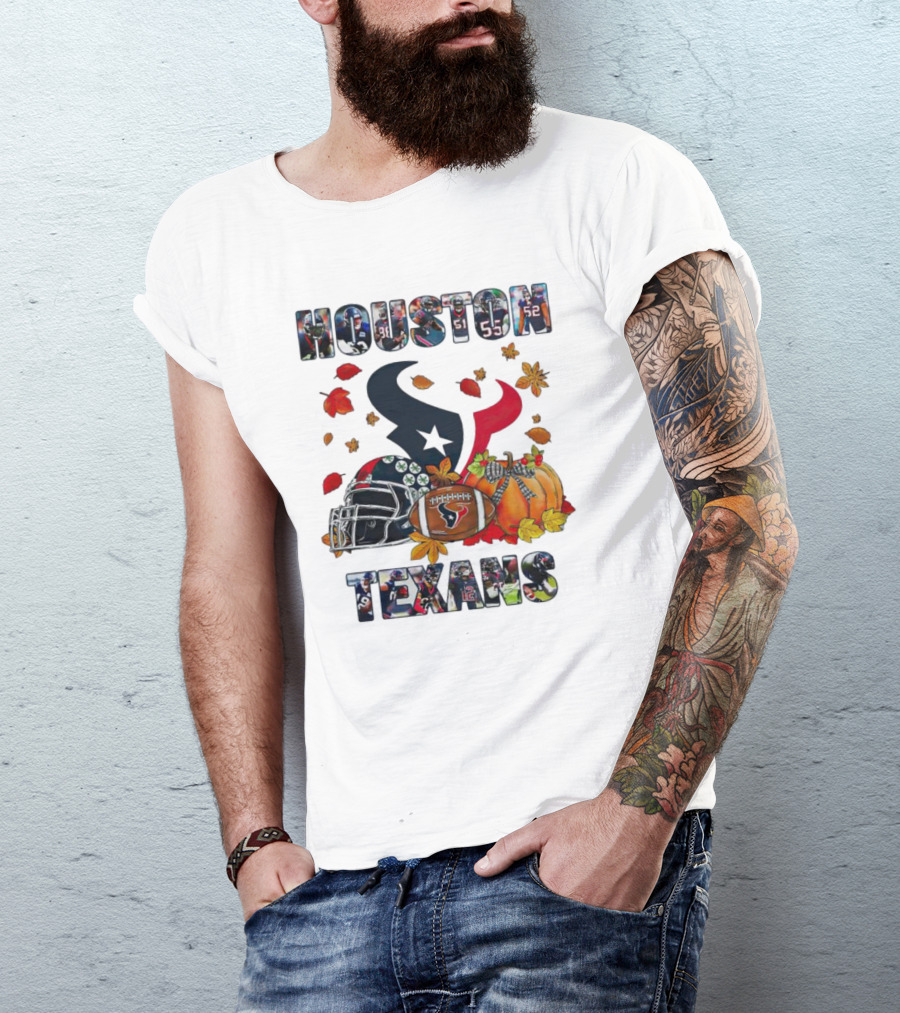 Houston Texans Football Helmet Pumpkin Autumn Leaves T-Shirt