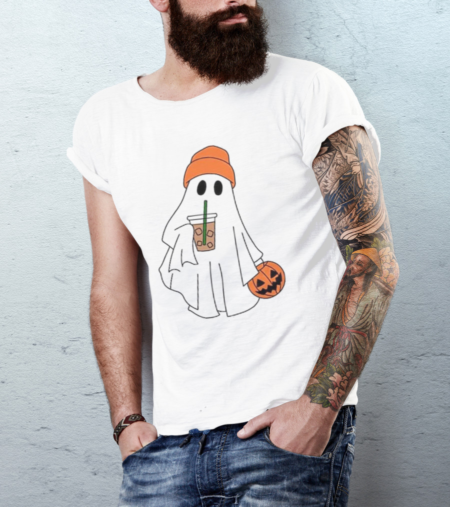 Cute Ghost Drinking Ice Coffee With Pumpkin Hat T-Shirt