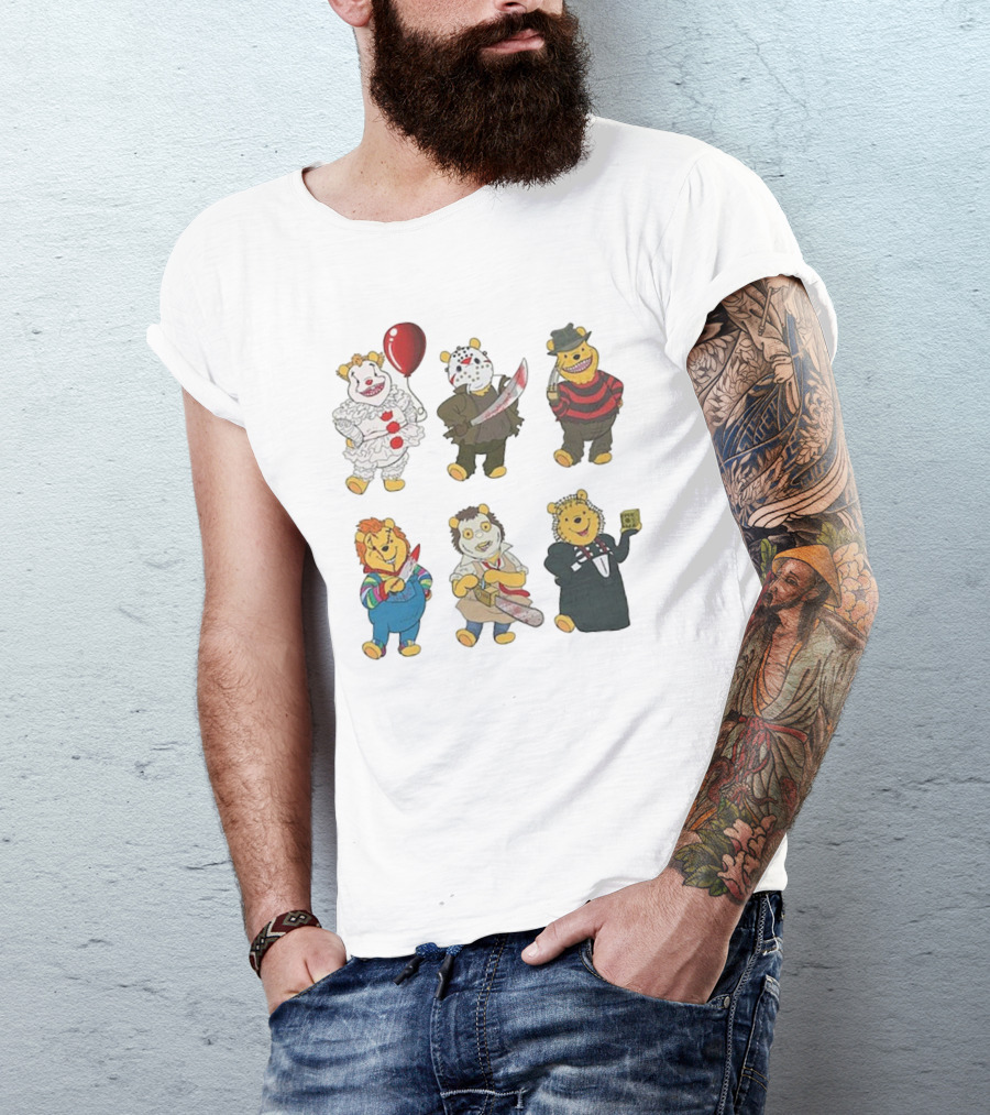 Pooh Bear Halloween Horror Characters Pennywise Jason Freddy Chucky Leatherface Pinhead T-Shirt