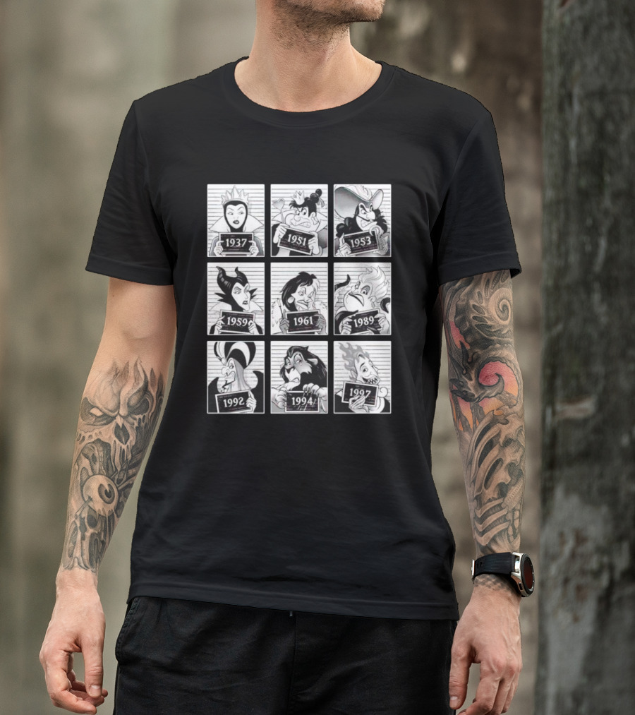 Walt Disney Cartoon Main Antagonists Year Lineup Mugshots 1937 To 1997 T-Shirt