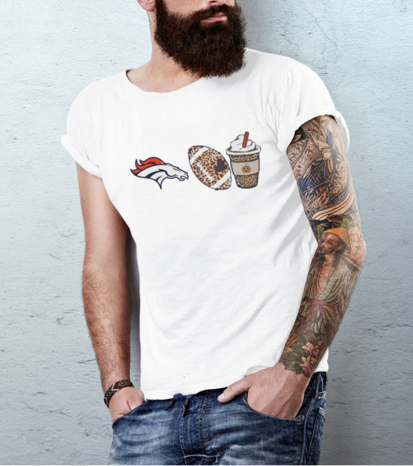 Denver Broncos Fall Season Leopard Theme With Football And Pumpkin Spice Latte T-Shirt