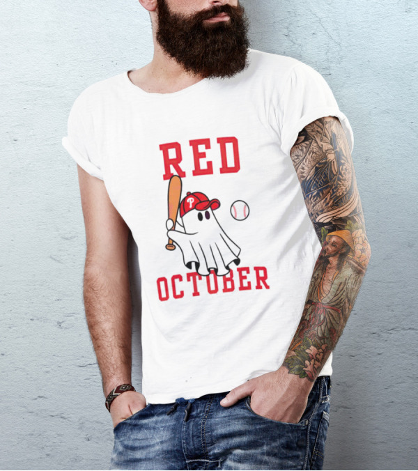 Phillies Red October Ghost Baseball Player In Cap And Bat T-Shirt