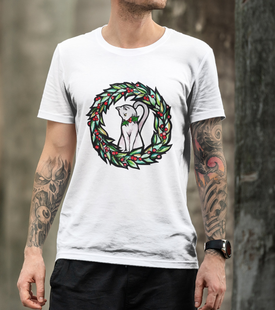 White Cat In Christmas Wreath With Holly And Berries T-Shirt