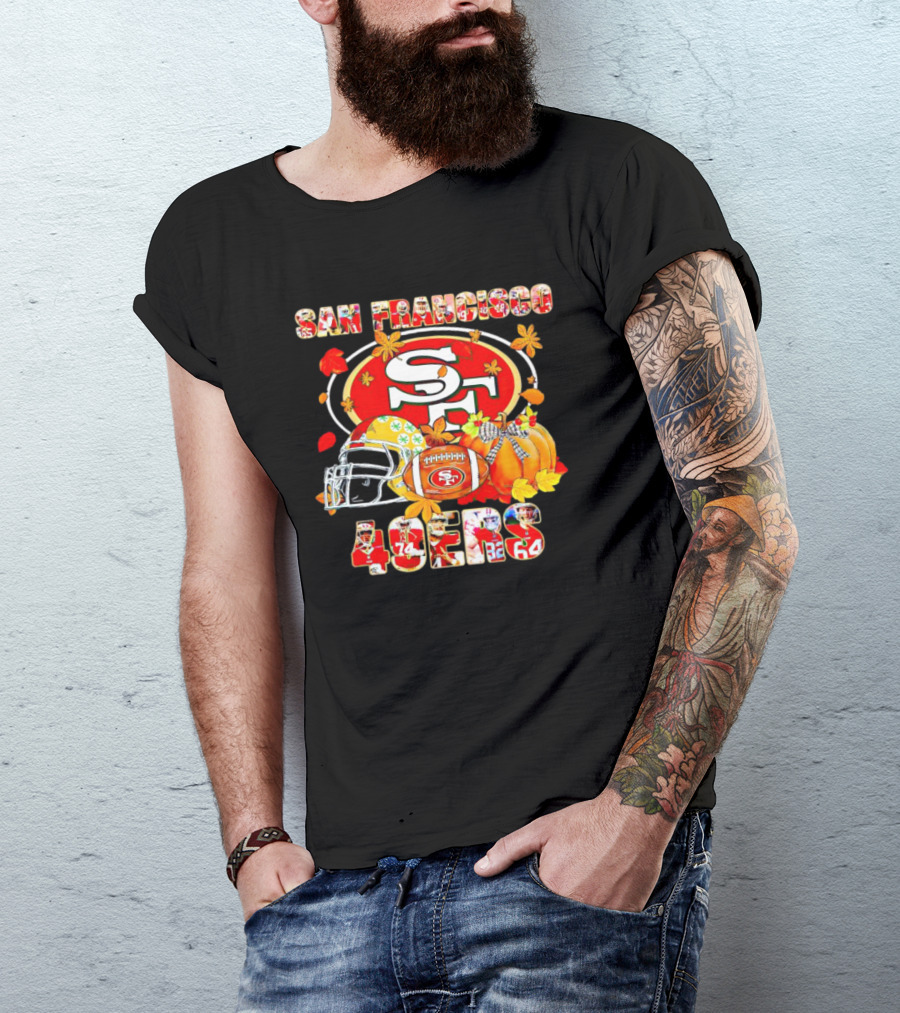 San Francisco 49ers Autumn Football With Helmets And Pumpkins T-Shirt