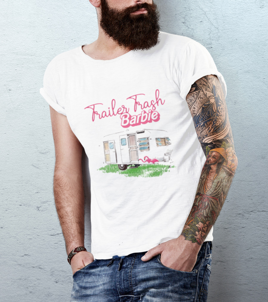 Trailer Trash Barbie Camping Scene With Flamingo And Trailer T-Shirt
