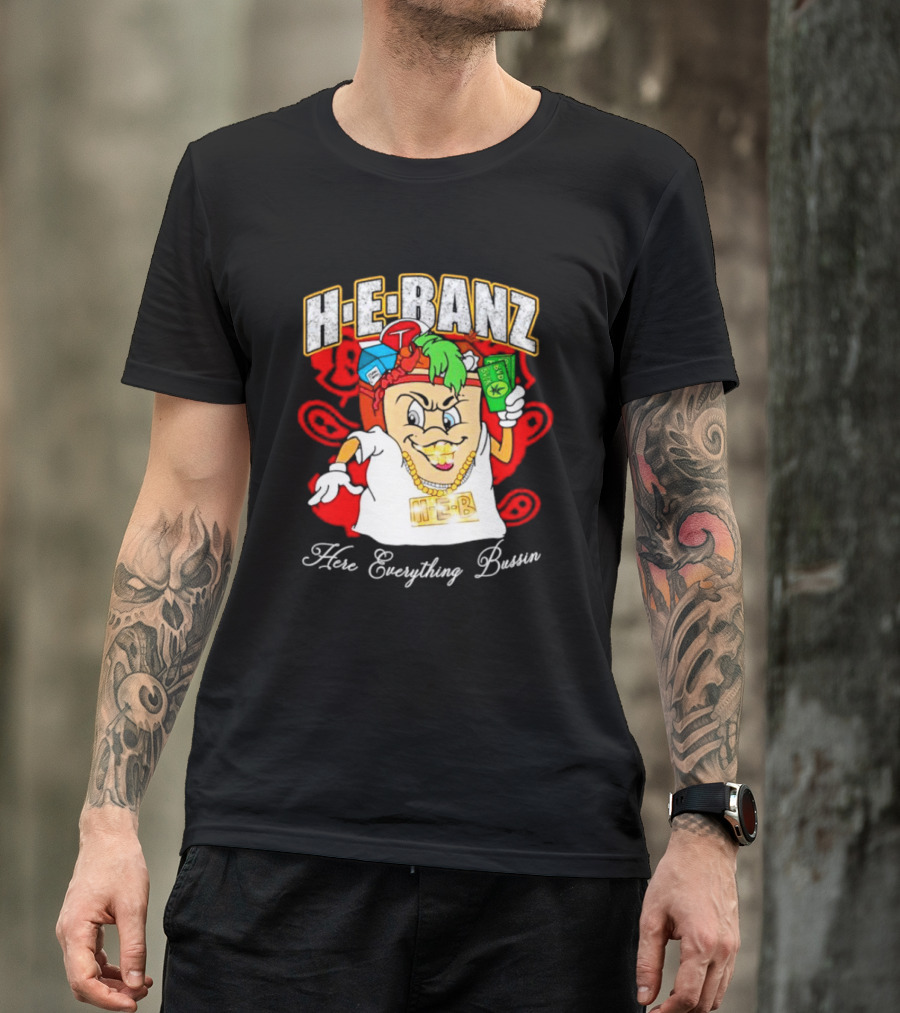 H-E-Banz Here Everything Bussin Cartoon Character With Chains And Accessories T-Shirt