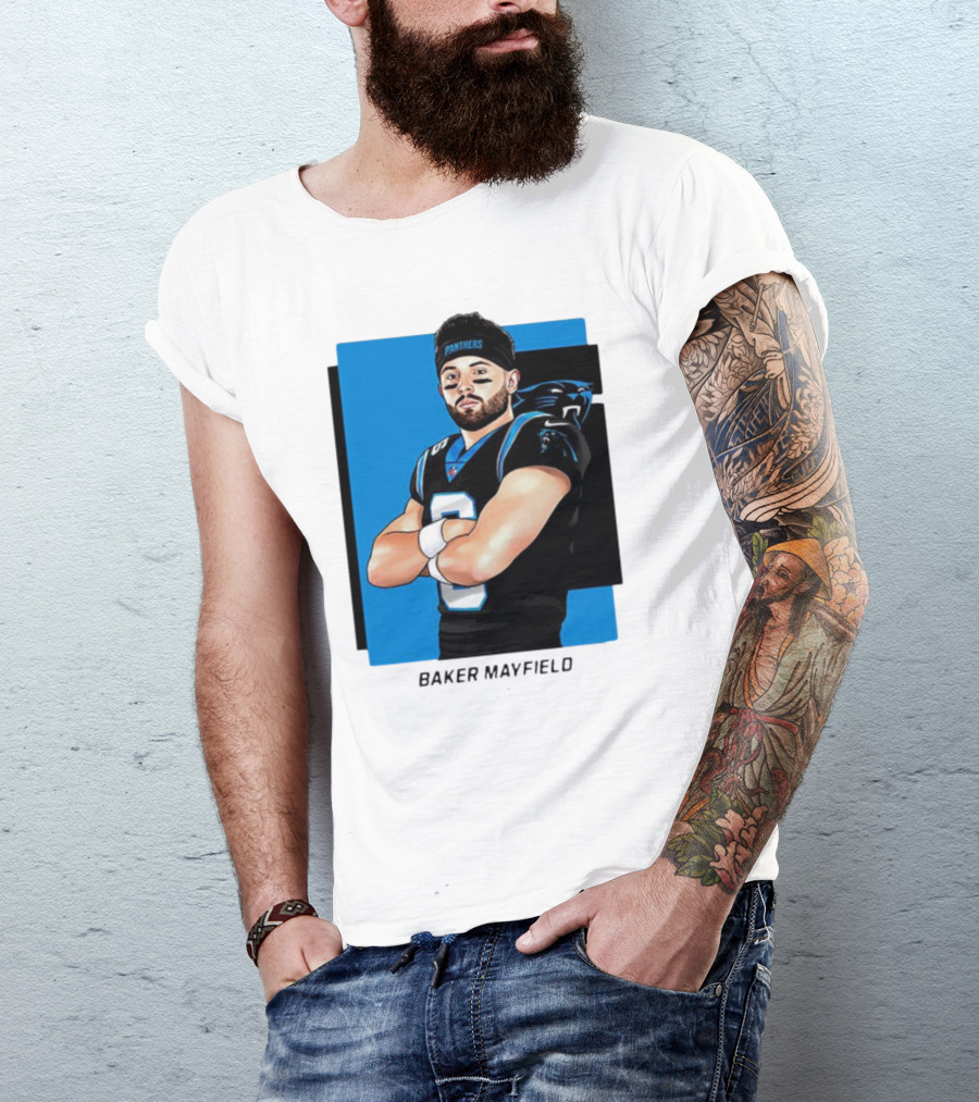 Carolina Panthers Baker Mayfield Artwork With Team Uniform T-Shirt