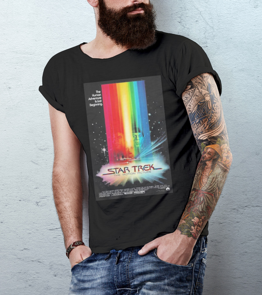 Star Trek The Motion Picture The Human Adventure Is Just Beginning Colorful Light Beams And Starry Background T-Shirt
