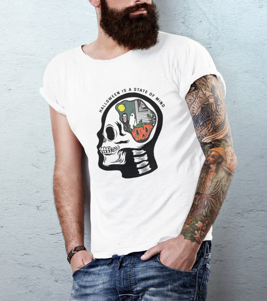 Halloween Is A State Of Mind Skull With Pumpkin And Ghosts T-Shirt