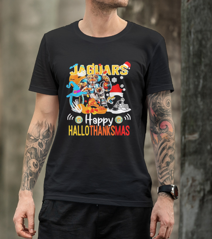 Jaguars Mascot Happy Hallothanksmas Football Halloween Thanksgiving Christmas T-Shirt