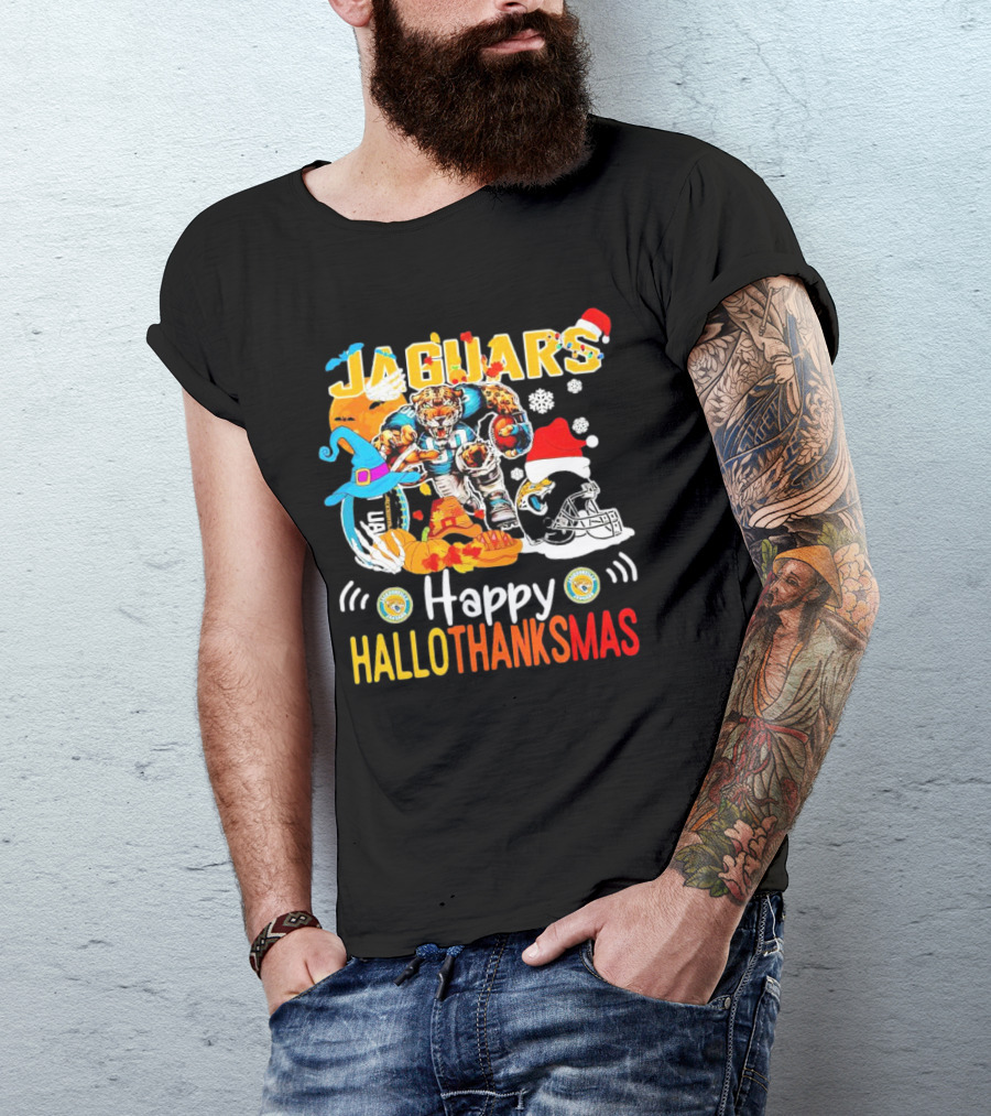 Jaguars Mascot Happy Hallothanksmas Football Halloween Thanksgiving Christmas T-Shirt