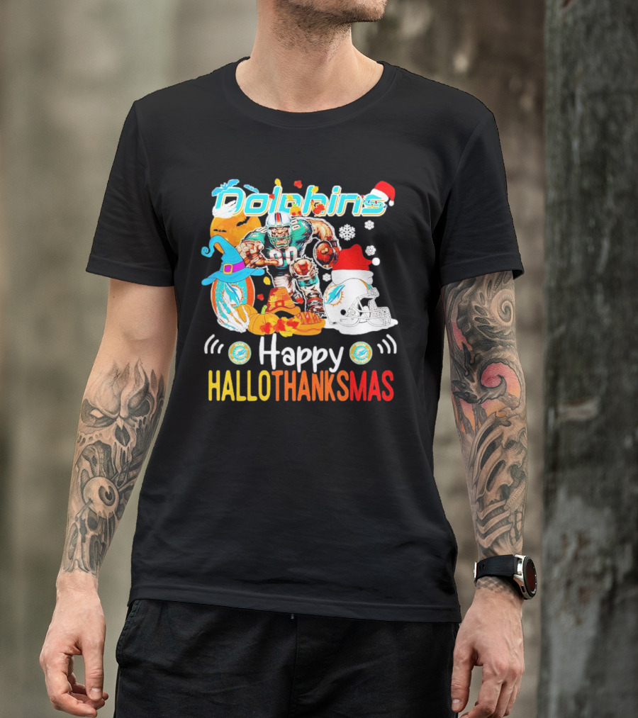 Miami Dolphins Mascot Happy Hallothanksmas Football Festive T-Shirt