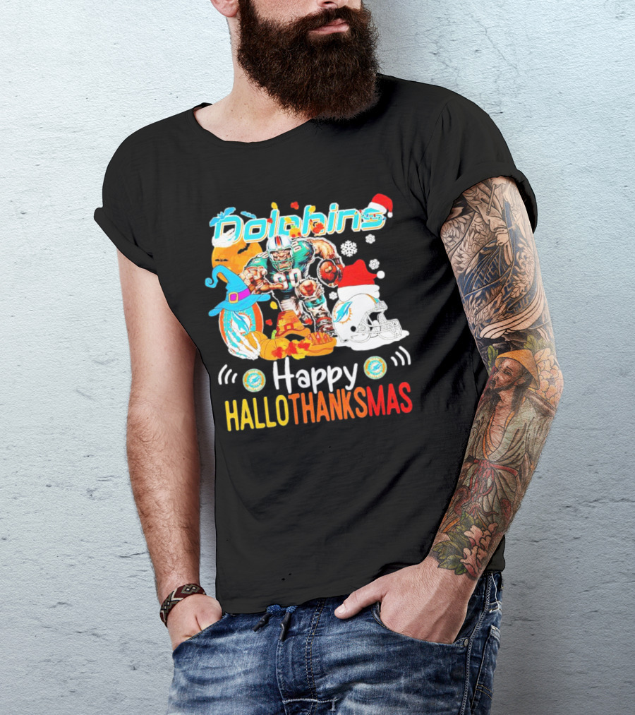 Miami Dolphins Mascot Happy Hallothanksmas Football Festive T-Shirt