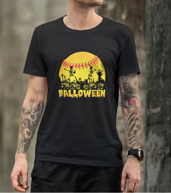 Balloween Softball Halloween Pumpkin Skeletons Graveyard T-Shirt
