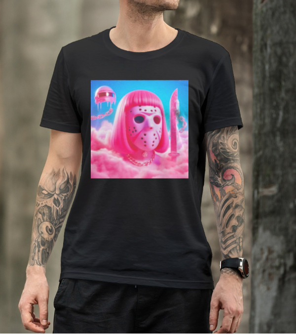 Pink Friday The 13th Jason Hockey Mask And Knife In Pink Clouds T-Shirt