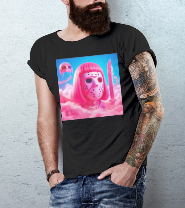 Pink Friday The 13th Jason Hockey Mask And Knife In Pink Clouds T-Shirt