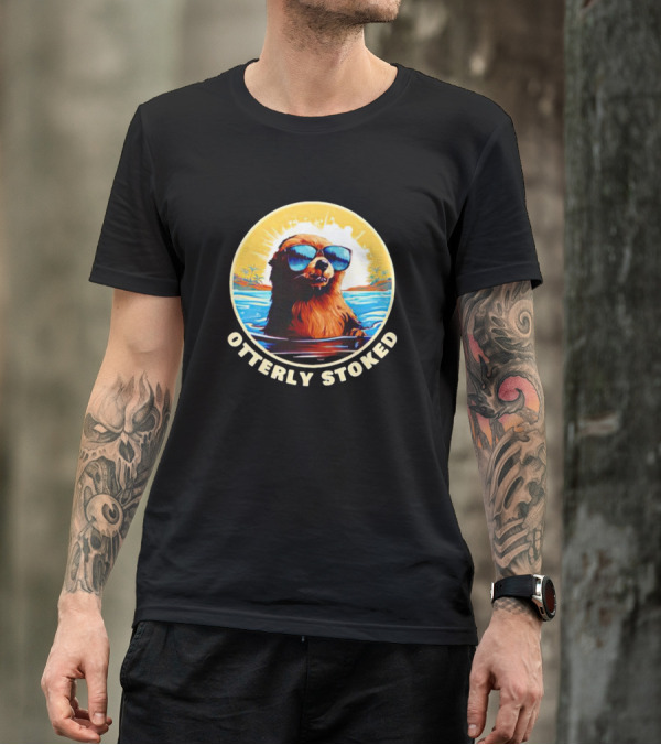 Otterly Stoked Sunglasses Otter With Tropical Ocean Background T-Shirt