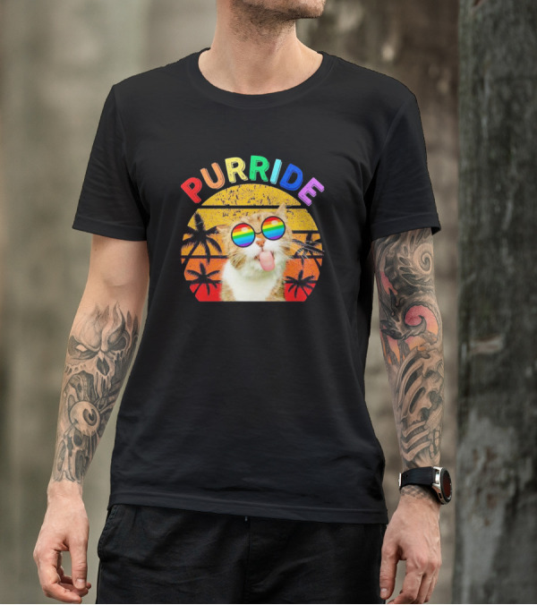Purride Cat Tongue Out Rainbow Sunglasses Palm Trees Vintage Sunset T-Shirt