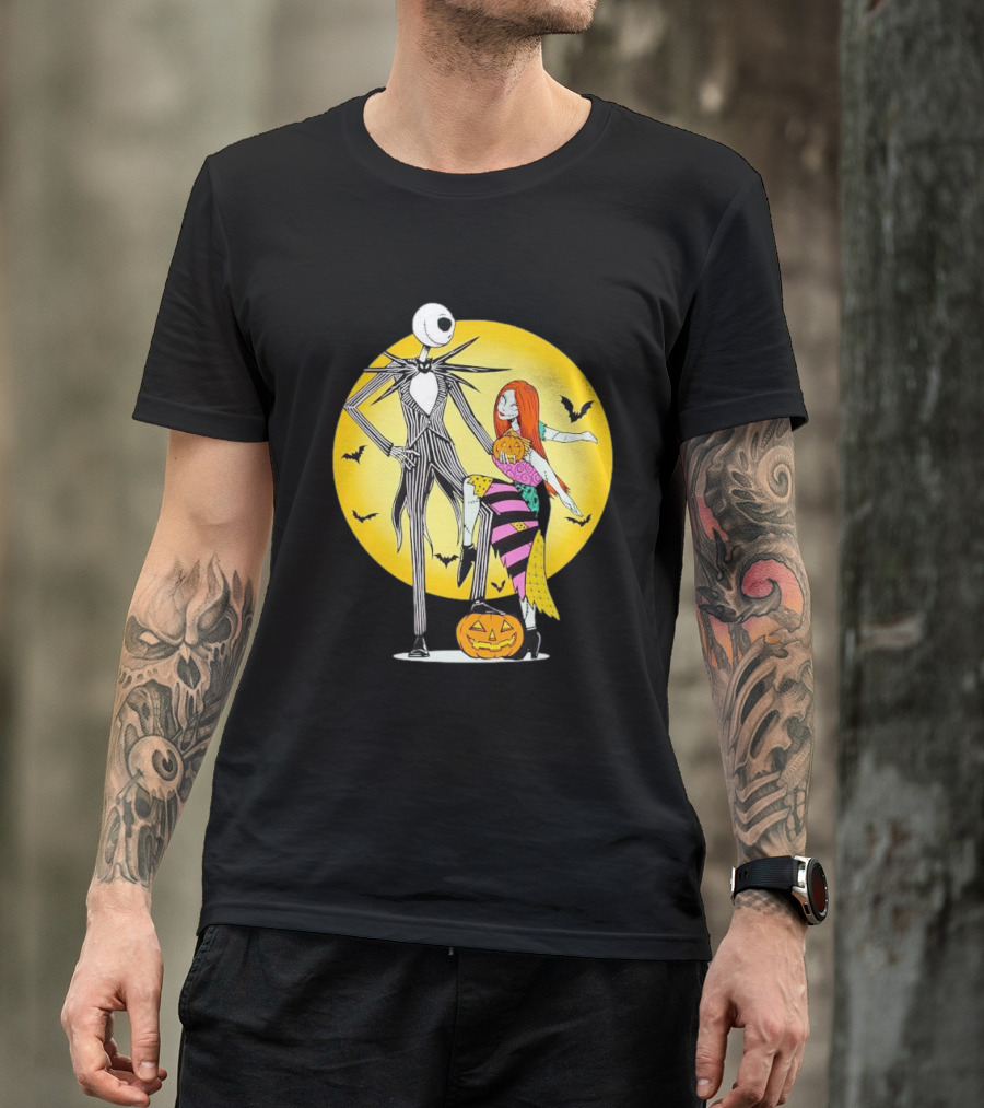 Jack And Sally Halloween Pumpkin Scene With Bats In The Nightmare Before Rumours T-Shirt