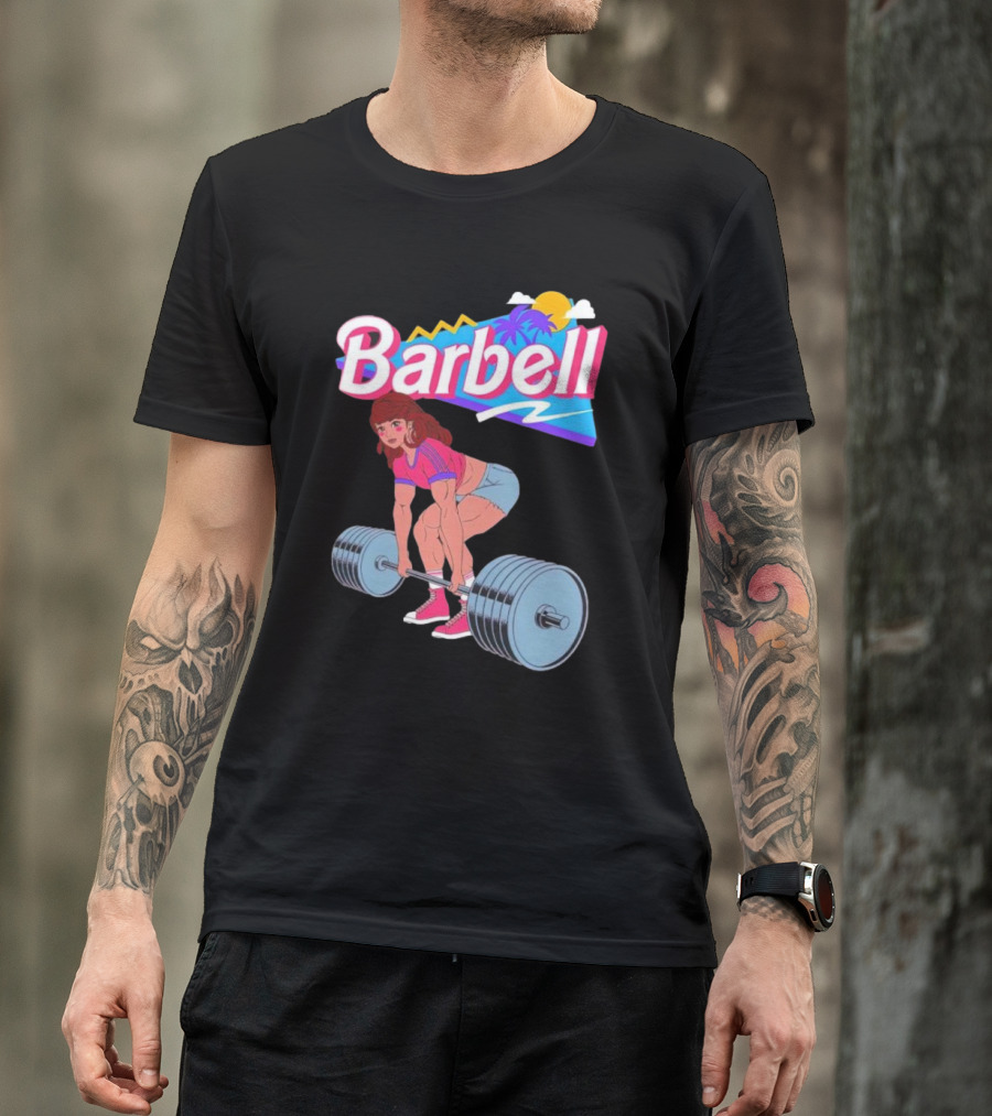 Barbell Brunette Retro Workout With Tropical Sunset And 80s Vibes T-Shirt