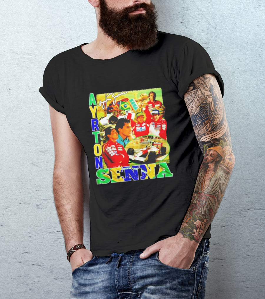 Ayrton Senna Signature Celebration Collage With Brazilian Flag Colors T-Shirt