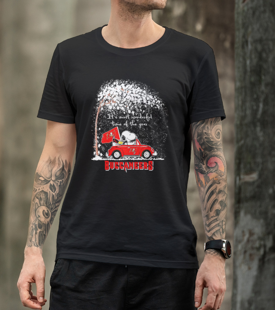 Snoopy And Woodstock Buccaneers It's Most Wonderful Time Of The Year Winter Scene T-Shirt