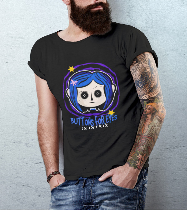 Buttons For Eyes Blue Haired Character With Stars T-Shirt