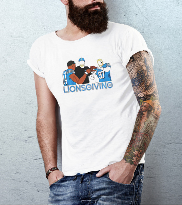 Detroit Lions Lionsgiving Thanksgiving Imagery With Players And Coach T-Shirt