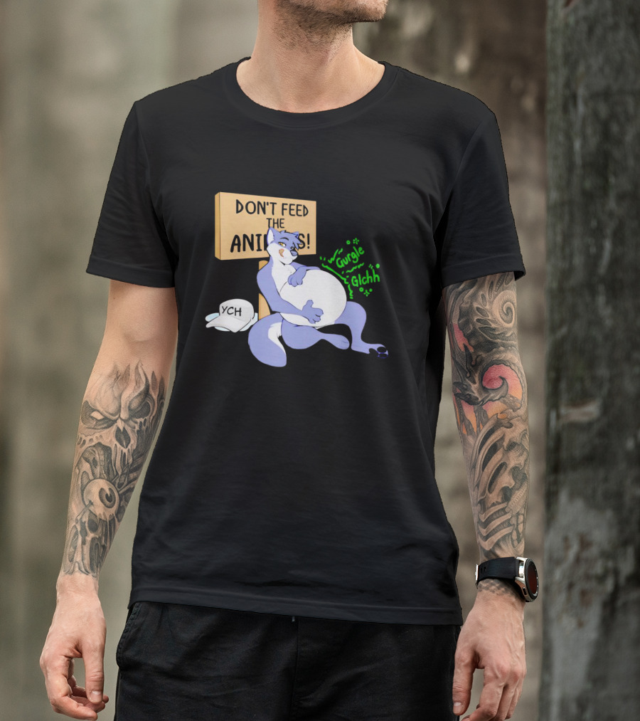 Don't Feed The Animals Gurgle Glchh YCH Sign With Full-Bellied Purple Cartoon Character T-Shirt