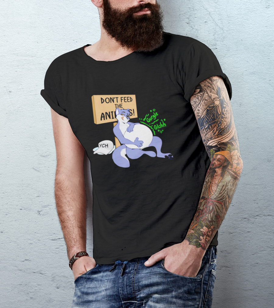 Don't Feed The Animals Gurgle Glchh YCH Sign With Full-Bellied Purple Cartoon Character T-Shirt