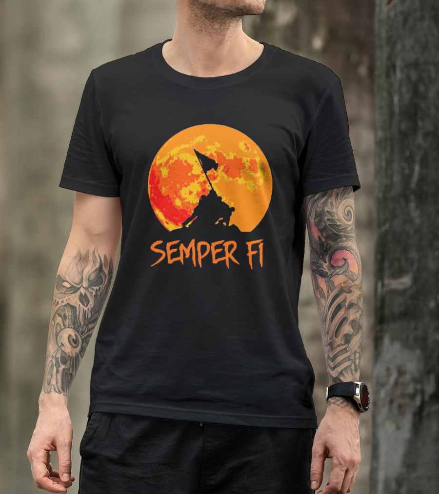 Semper Fi Halloween Full Moon Flag Raising T-Shirt
