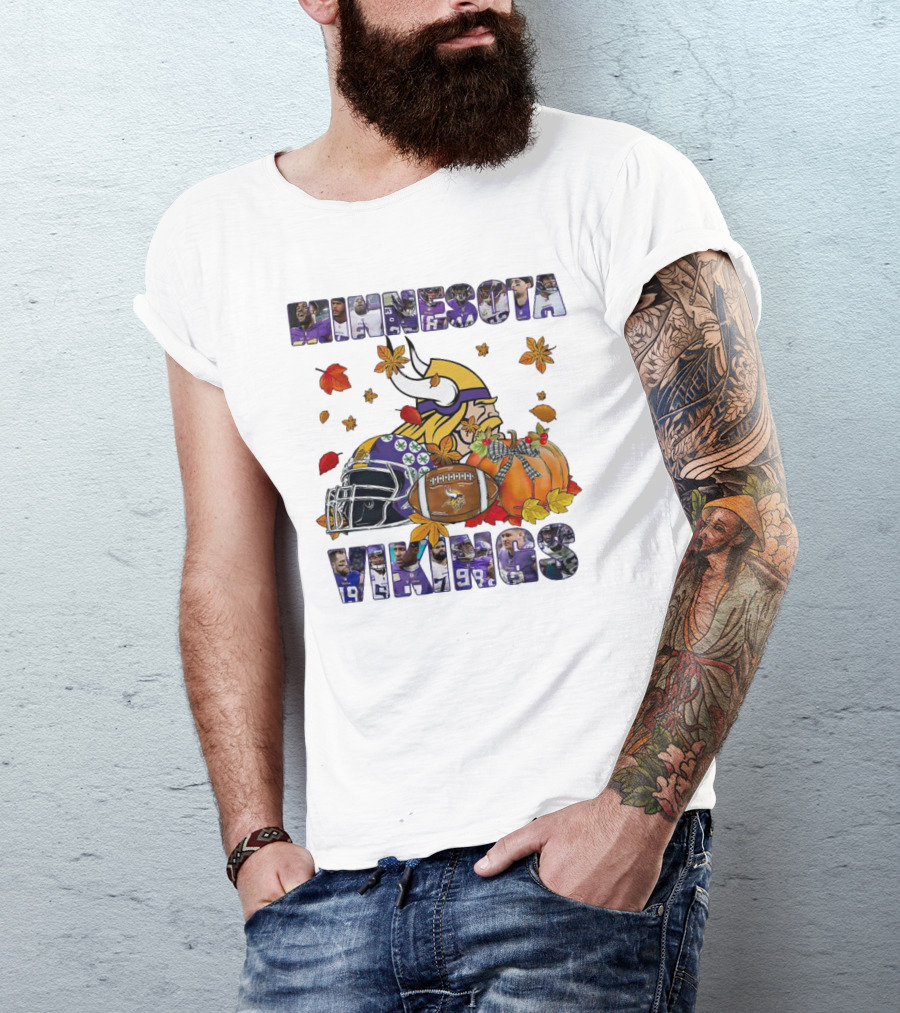 Minnesota Vikings Football Fall Leaves Helmet Pumpkin T-Shirt