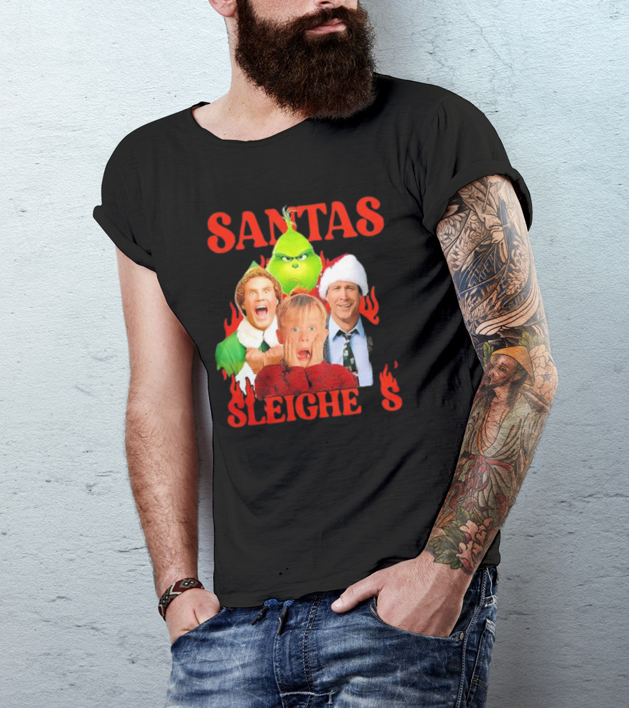 Santas Sleighers Christmas Rock Tour Featuring Iconic Holiday Characters T-Shirt