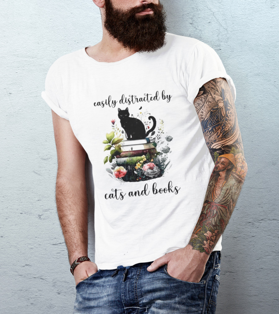 Easily Distracted By Cats And Books Black Cat On Stacked Books With Flowers T-Shirt