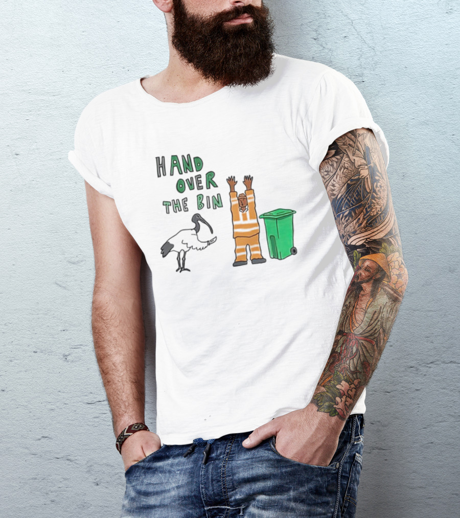 Hand Over The Bin Garbage Collector And Bird Cartoon Scene T-Shirt
