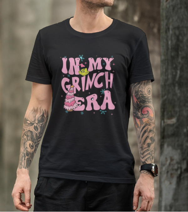 In My Grinch Era Pink Christmas Tree With Green Face And Santa Hat T-Shirt