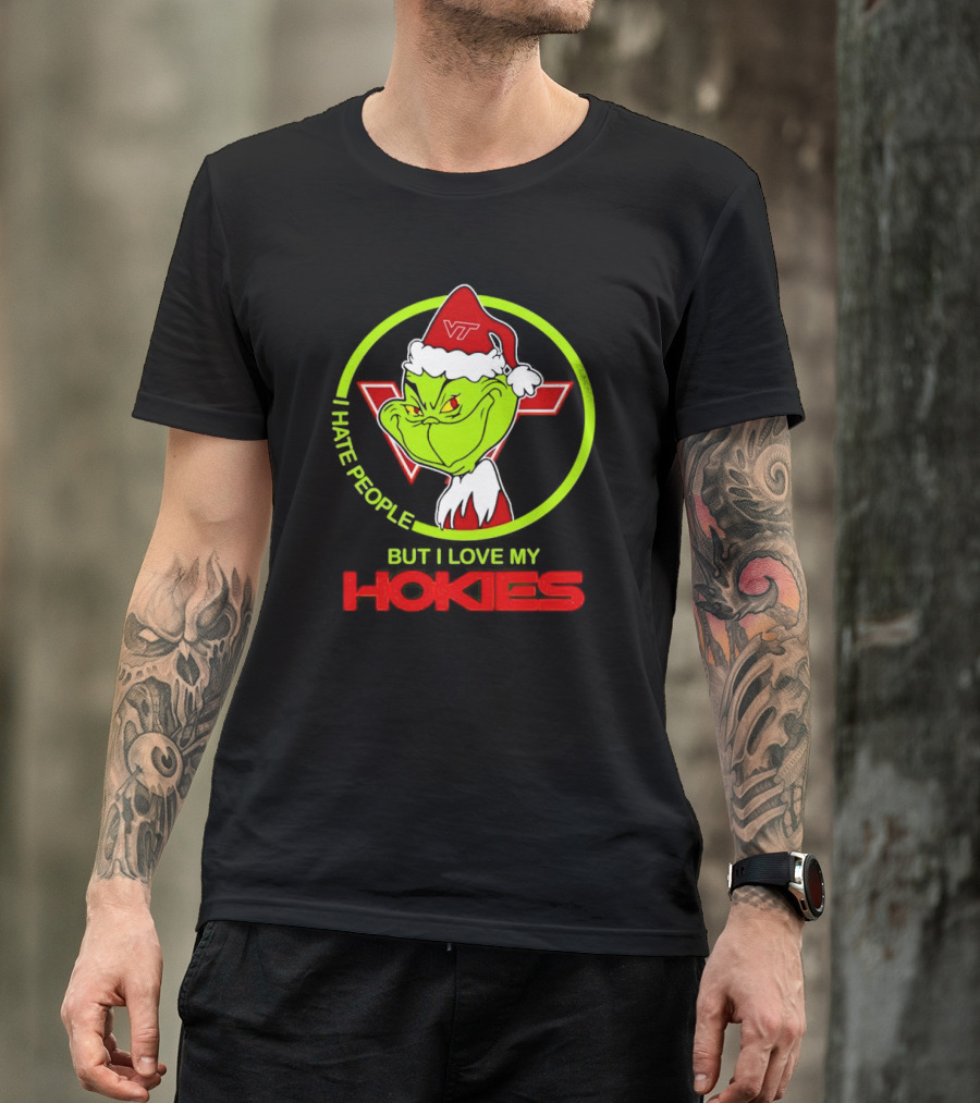 I Hate People Grinch Loves Hokies Christmas VT Santa Hat T-Shirt