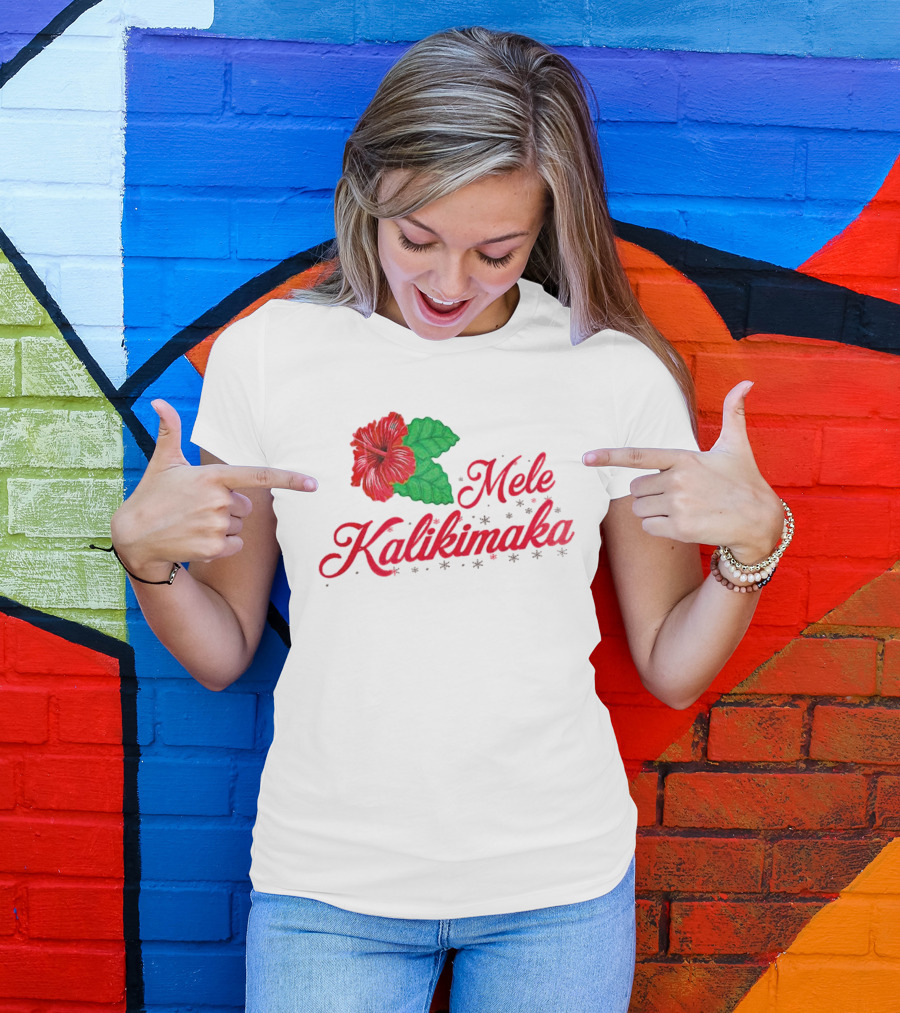 Mele Kalikimaka Red Hibiscus Flower With Green Leaves T-Shirt