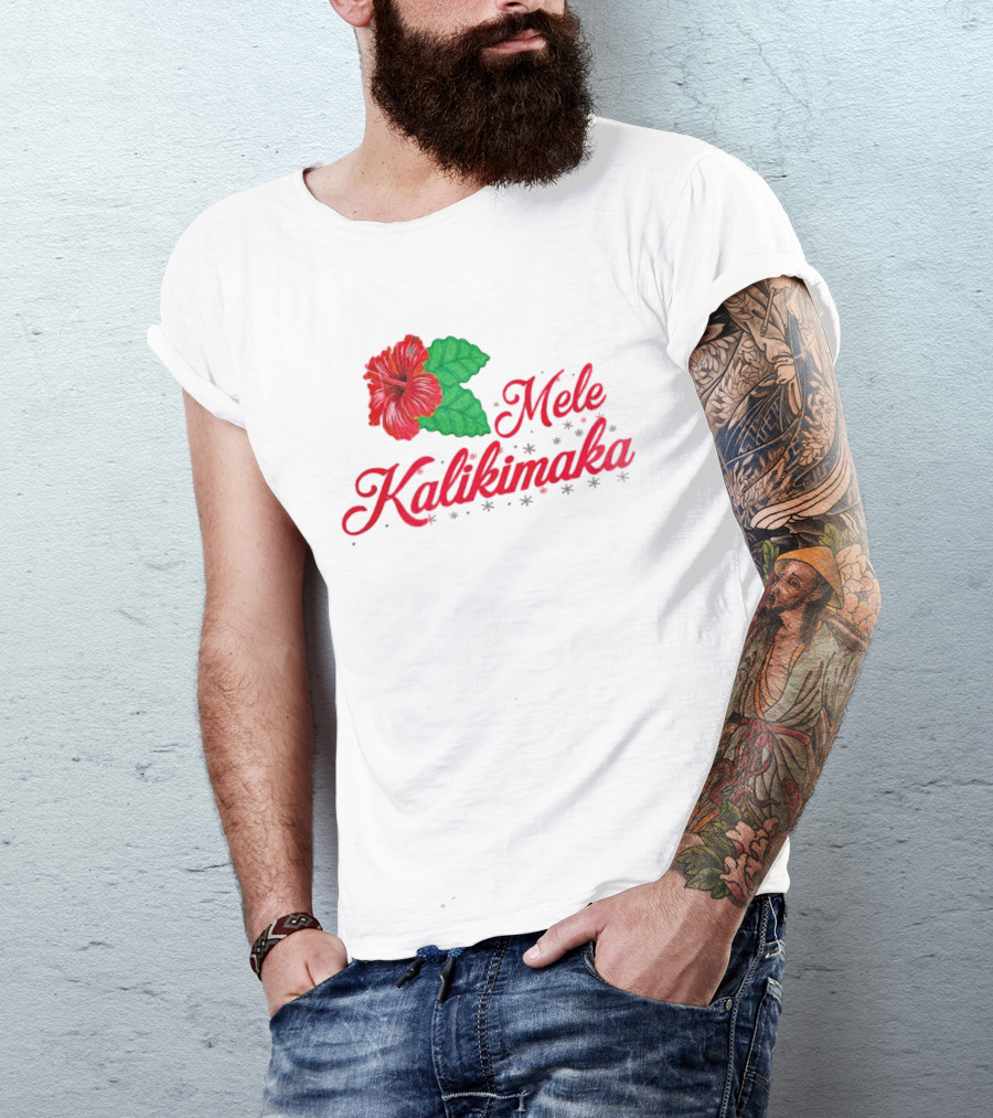 Mele Kalikimaka Red Hibiscus Flower With Green Leaves T-Shirt