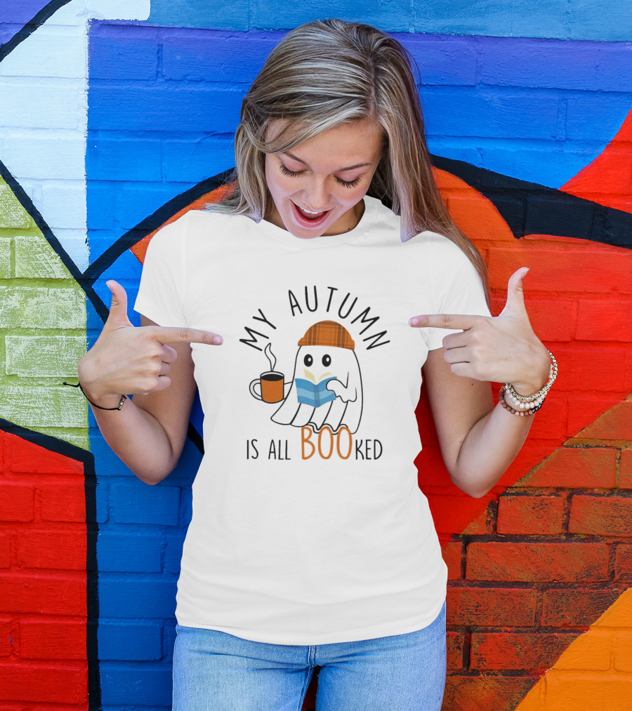 My Autumn Is All Booked Ghost Reading With Coffee And Plaid Hat T-Shirt