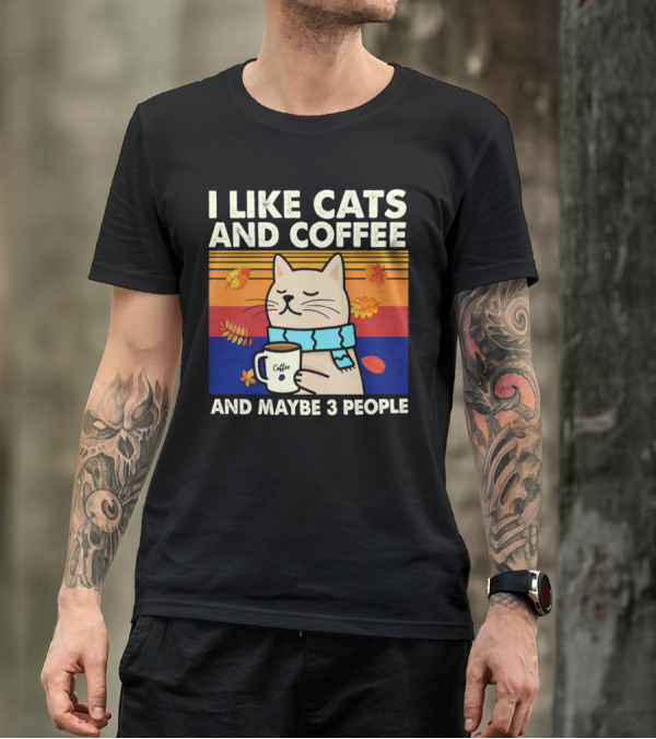 Trending I Like Cats And Coffee And Maybe 3 People Vintage Retro Autumn Cat With Coffee Mug T-Shirt