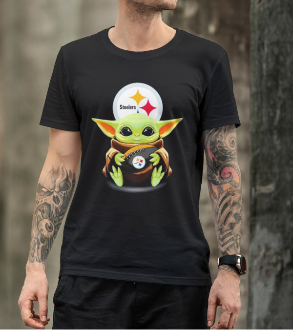 Baby Yoda Holding Pittsburgh Steelers Football T-Shirt