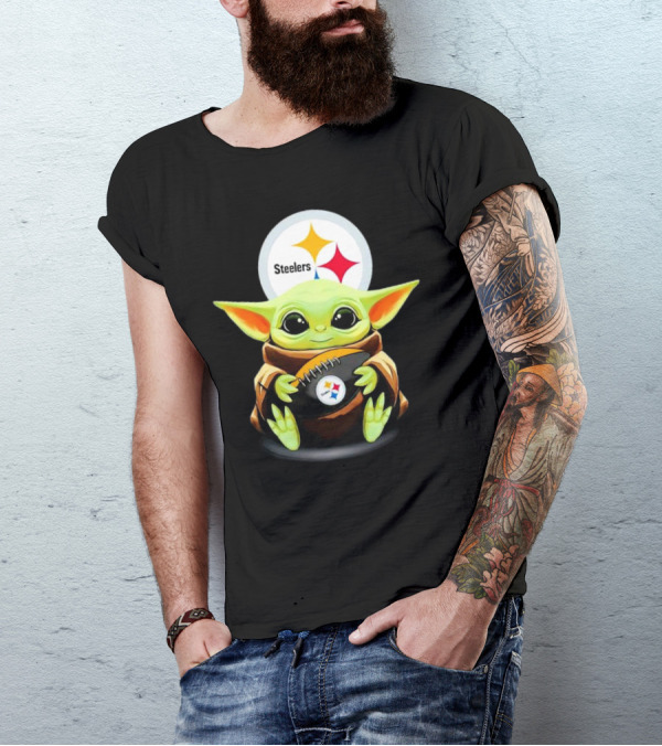 Baby Yoda Holding Pittsburgh Steelers Football T-Shirt