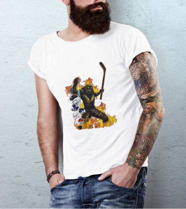 Evil Fire Hockey Player Holding Chicago Blackhawks And NHL Helmets T-Shirt