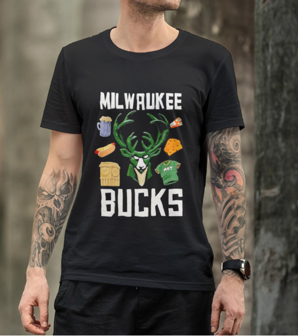 Milwaukee Bucks NBA Market Claymation Deer Cheese Hot Dog Beer T-Shirt