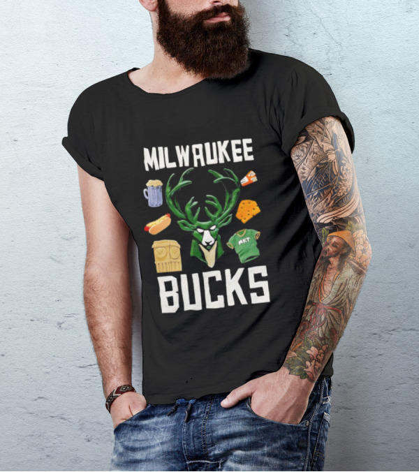 Milwaukee Bucks NBA Market Claymation Deer Cheese Hot Dog Beer T-Shirt