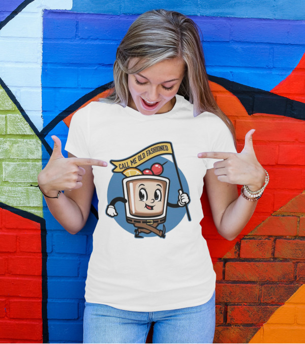 Whiskey Call Me Old Fashioned Cartoon Drink Character With Flag And Cherries T-Shirt